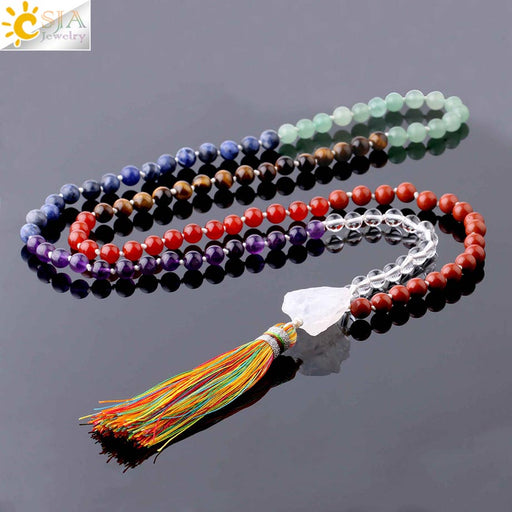Natural Stone 7 Chakra Long Necklace White Crystal Tassel Pendant Knotted Weave